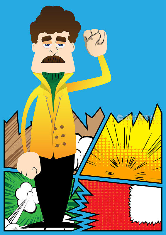 Funny cartoon man dressed for winter making power to the people fist gesture. Vector illustration.